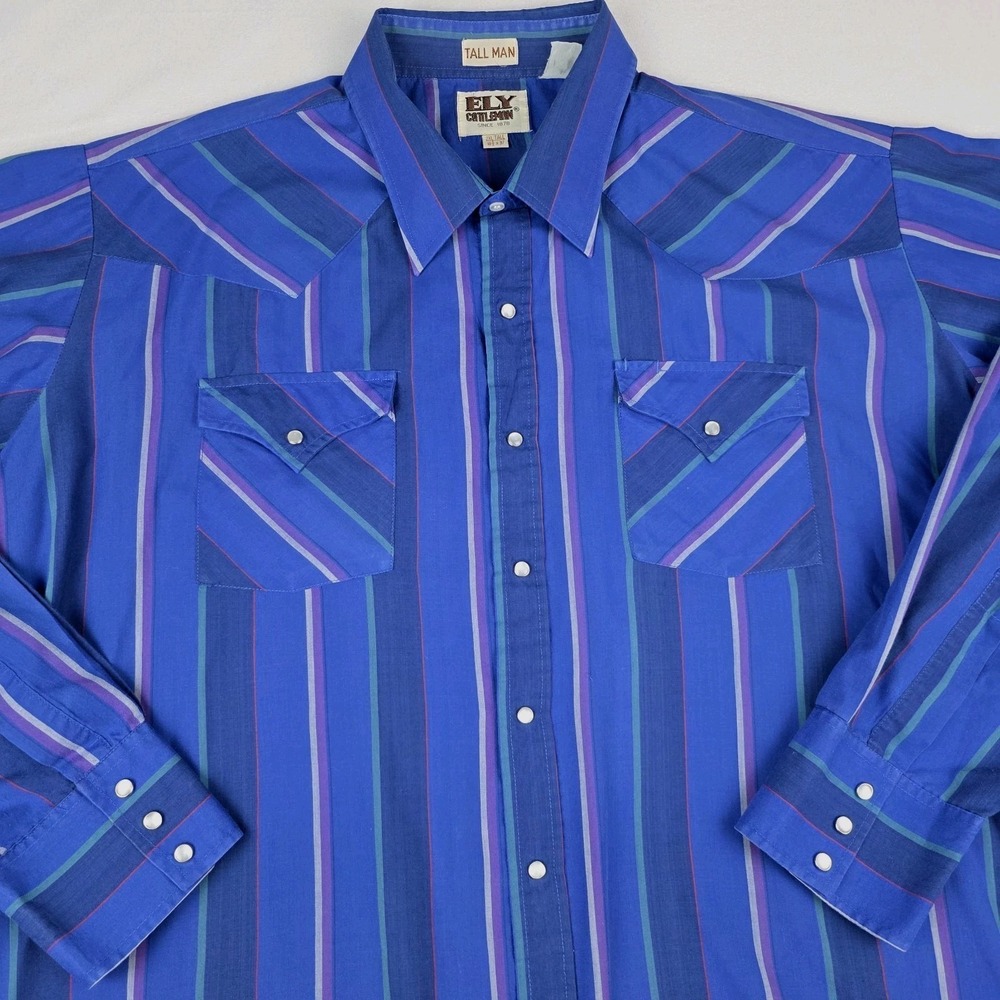 Ely Cattleman 2XLT Western Button Up Shirt Blue Pearl Snap Long Sleeve Tall Man